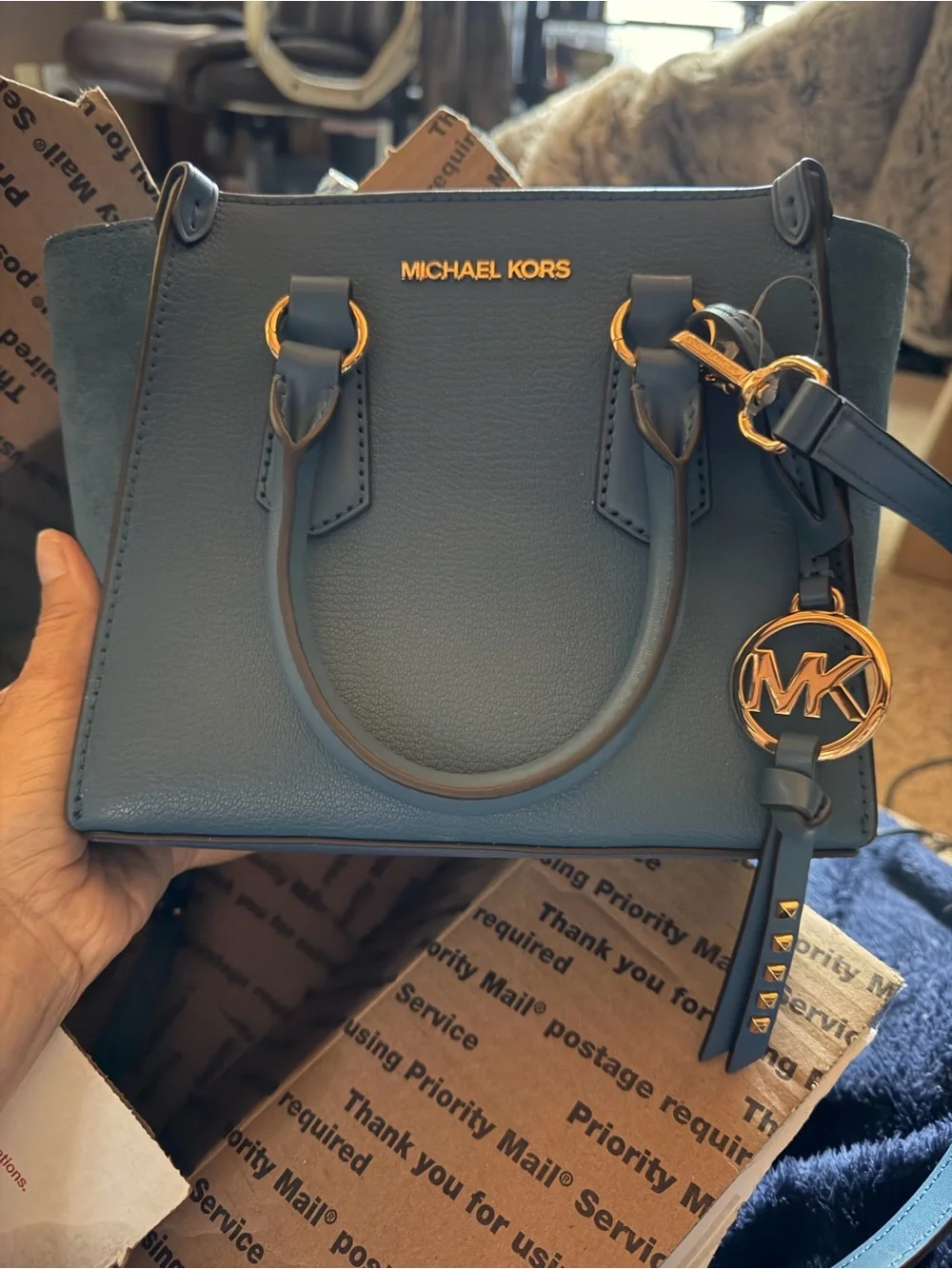 Michael Kors Blue Leather Satchel with Gold Hardware
